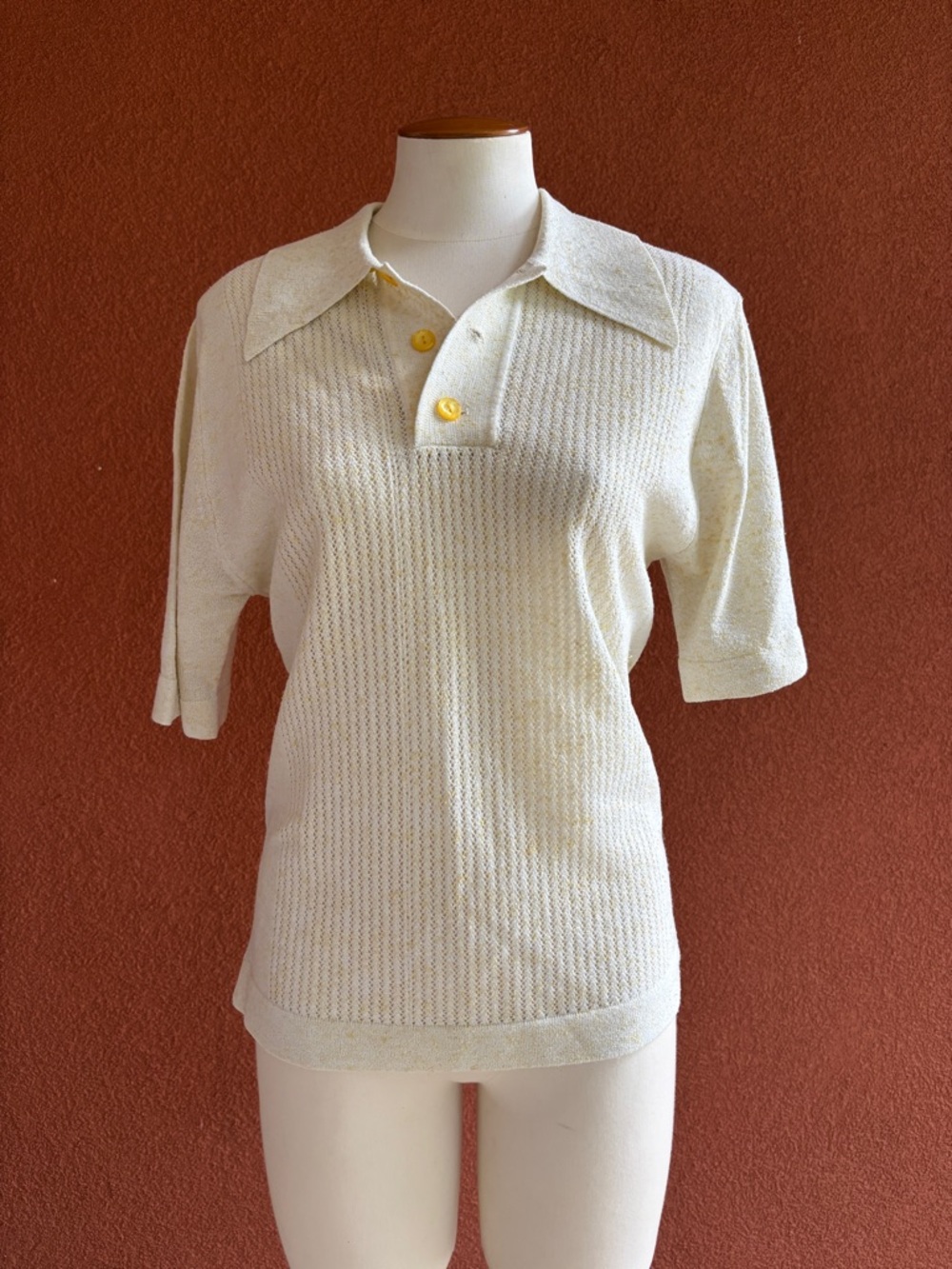 Vintage Textured Knit Polo Shirt with Yellow Buttons
